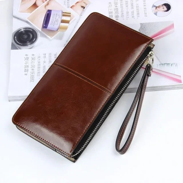 Portefeuille femme long en cuir PU vintage avec zip et dragonne grande capacité — photo 13