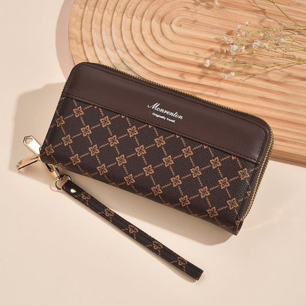 Portefeuille femme long à double zip, motif fleuri, dragonne