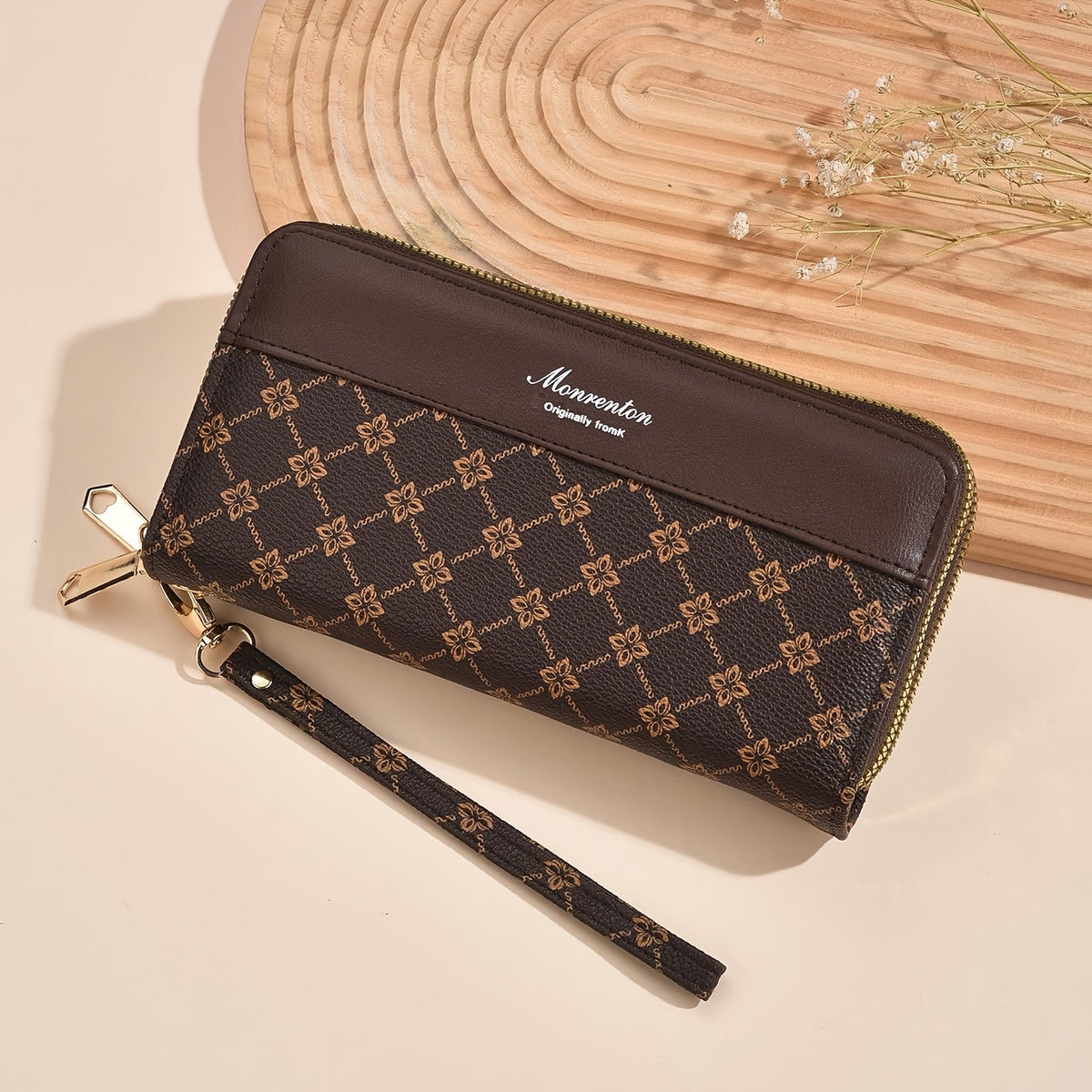 Portefeuille femme long à double zip, motif fleuri, dragonne