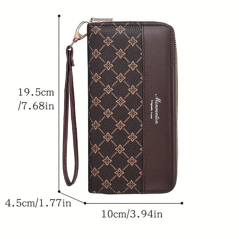 Portefeuille femme long à double zip, motif fleuri, dragonne