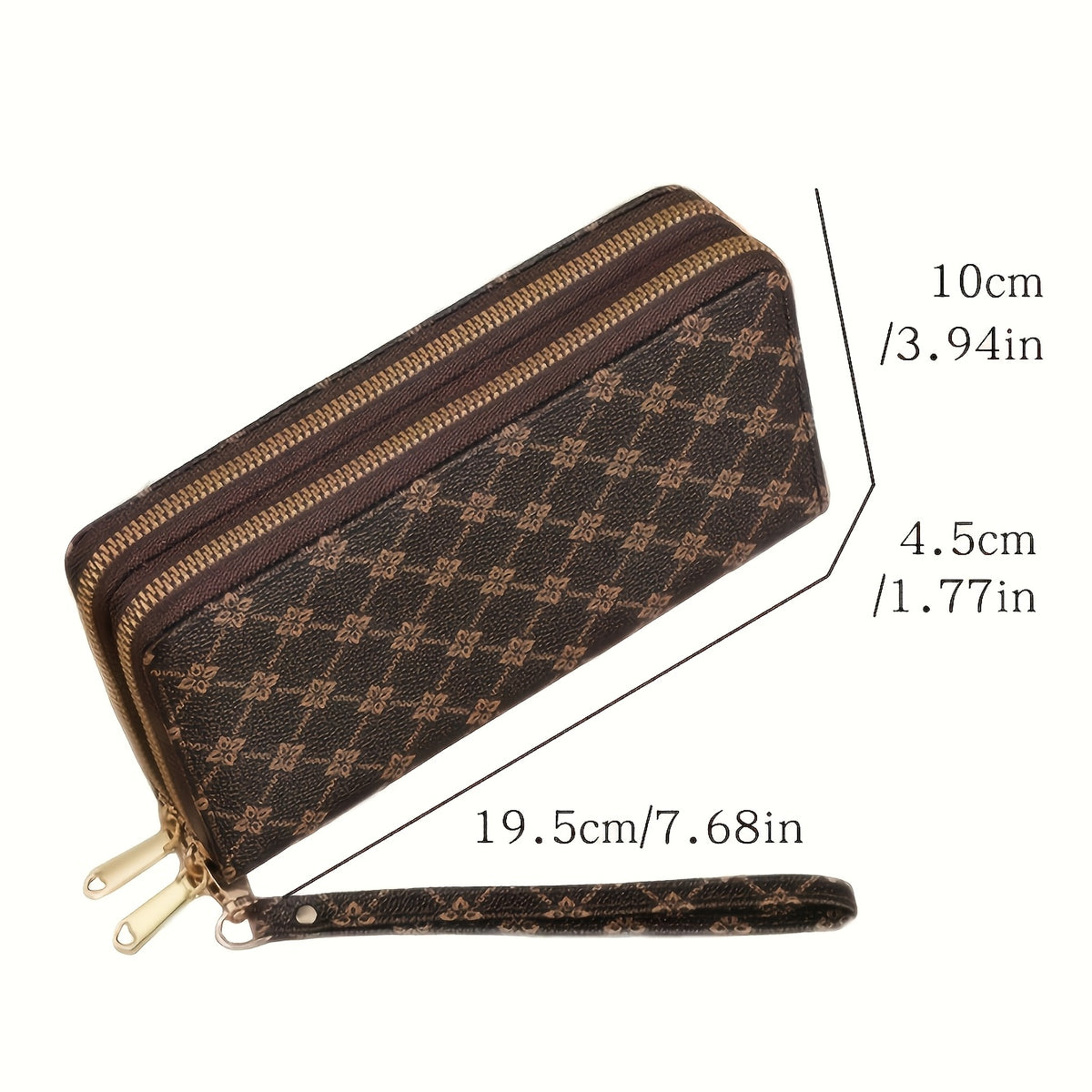 Portefeuille femme long à double zip, motif fleuri, dragonne