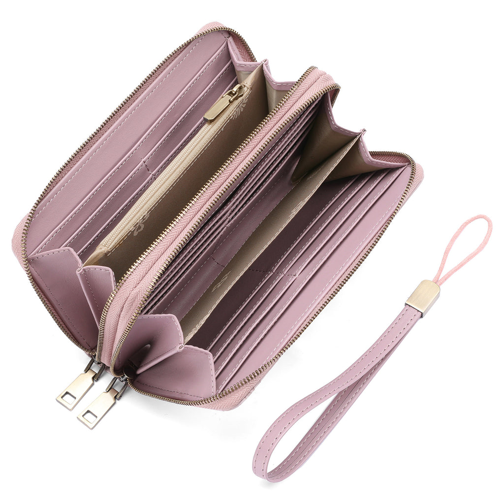 Portefeuille femme long à double fermeture éclair et dragonne