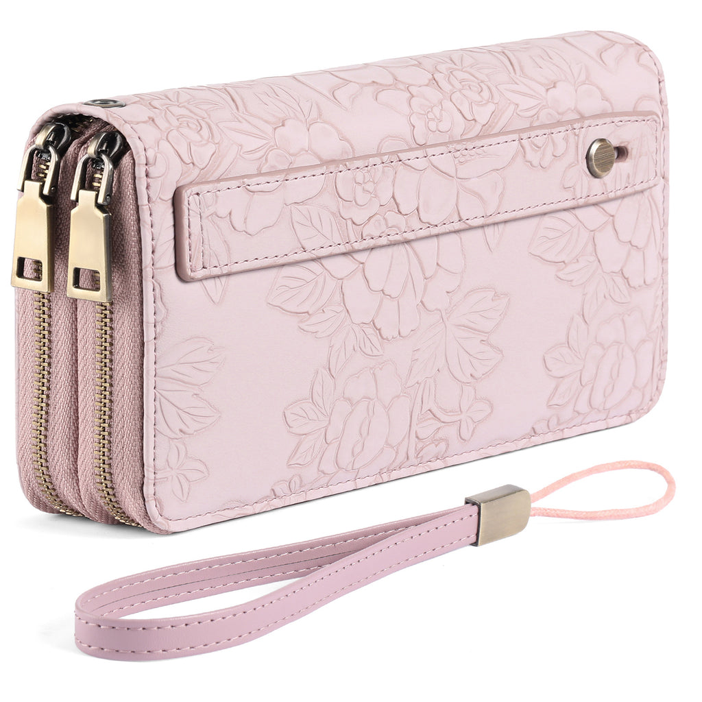Portefeuille femme long à double fermeture éclair et dragonne