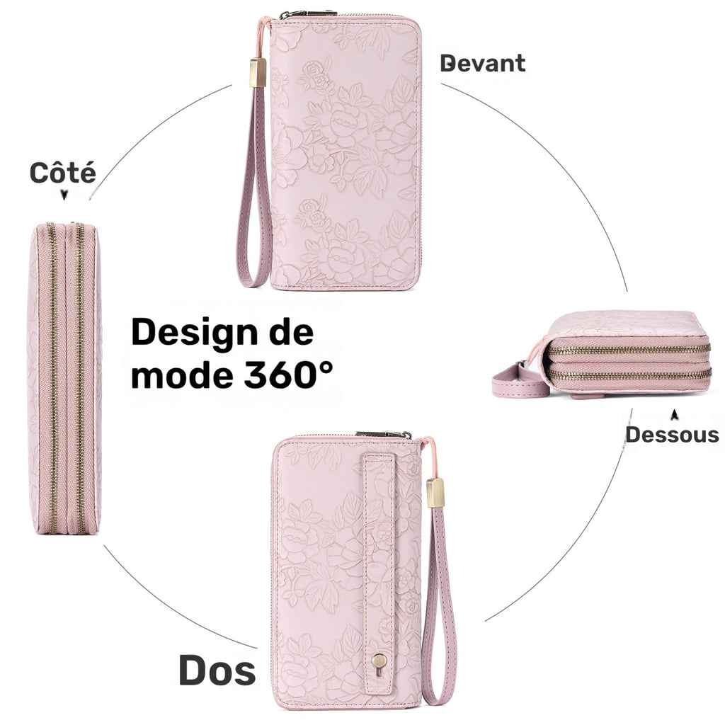 Portefeuille femme long à double fermeture éclair et dragonne