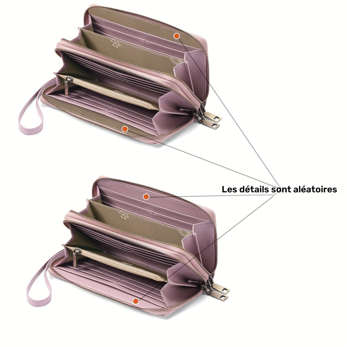 Portefeuille femme long à double fermeture éclair et dragonne