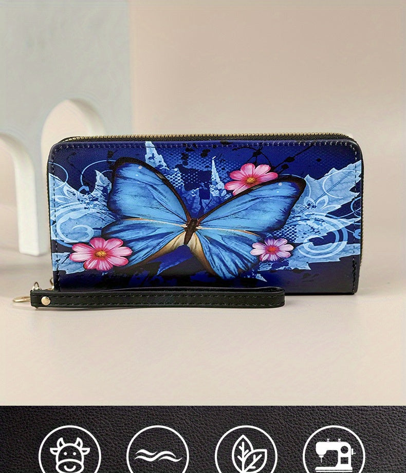 Portefeuille femme long imprimé papillon, zip et dragonne