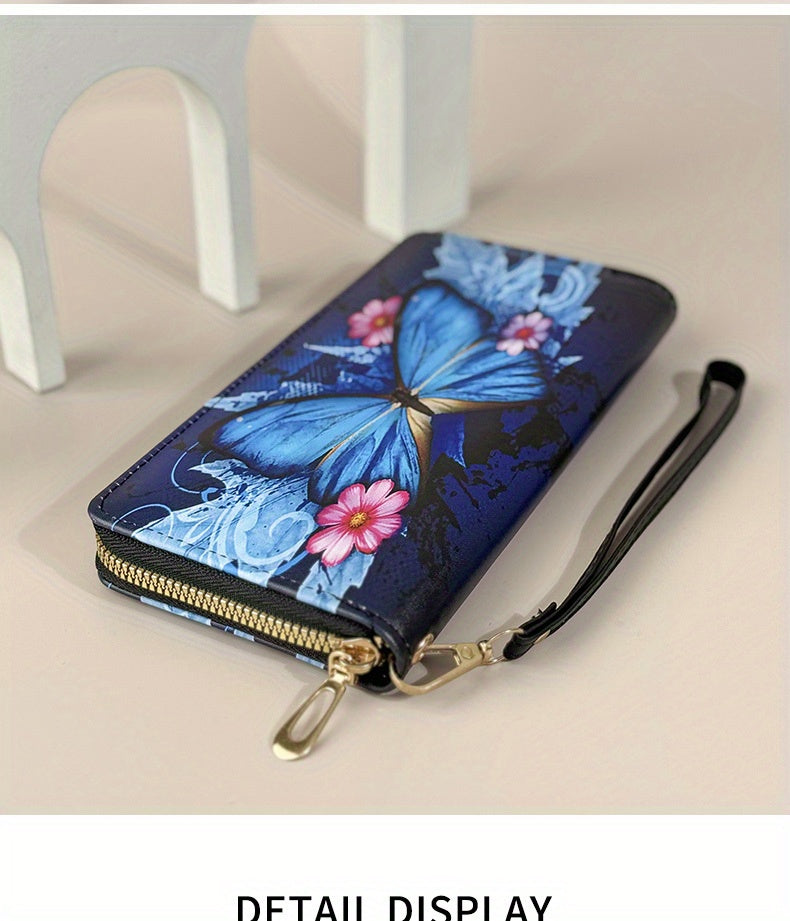 Portefeuille femme long imprimé papillon, zip et dragonne