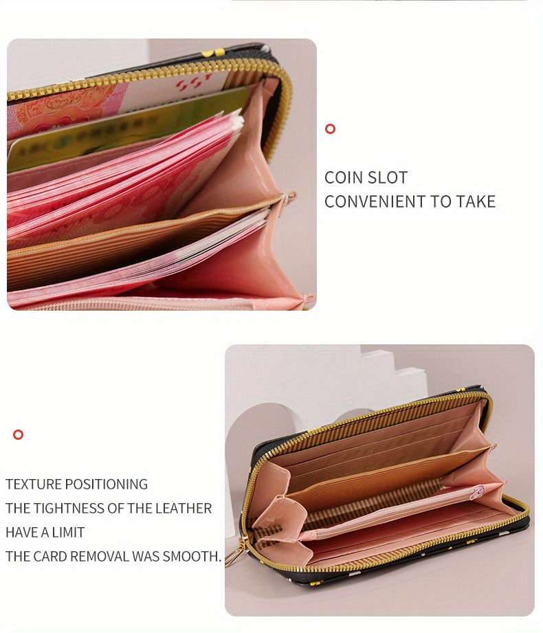 Portefeuille femme long imprimé papillon, zip et dragonne