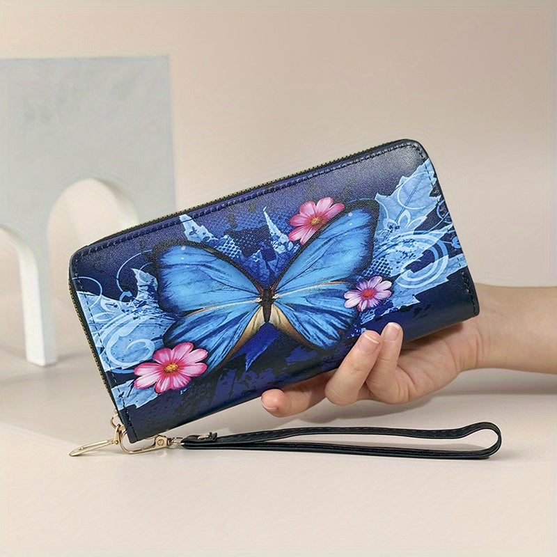 Portefeuille femme long imprimé papillon, zip et dragonne