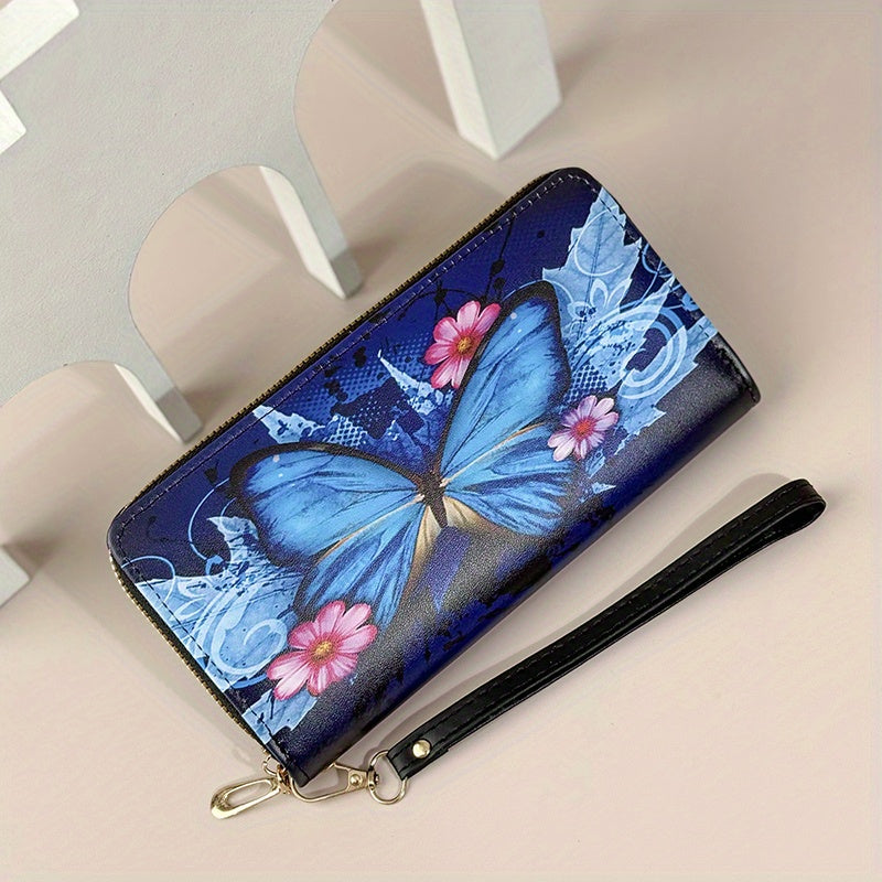 Portefeuille femme long imprimé papillon, zip et dragonne