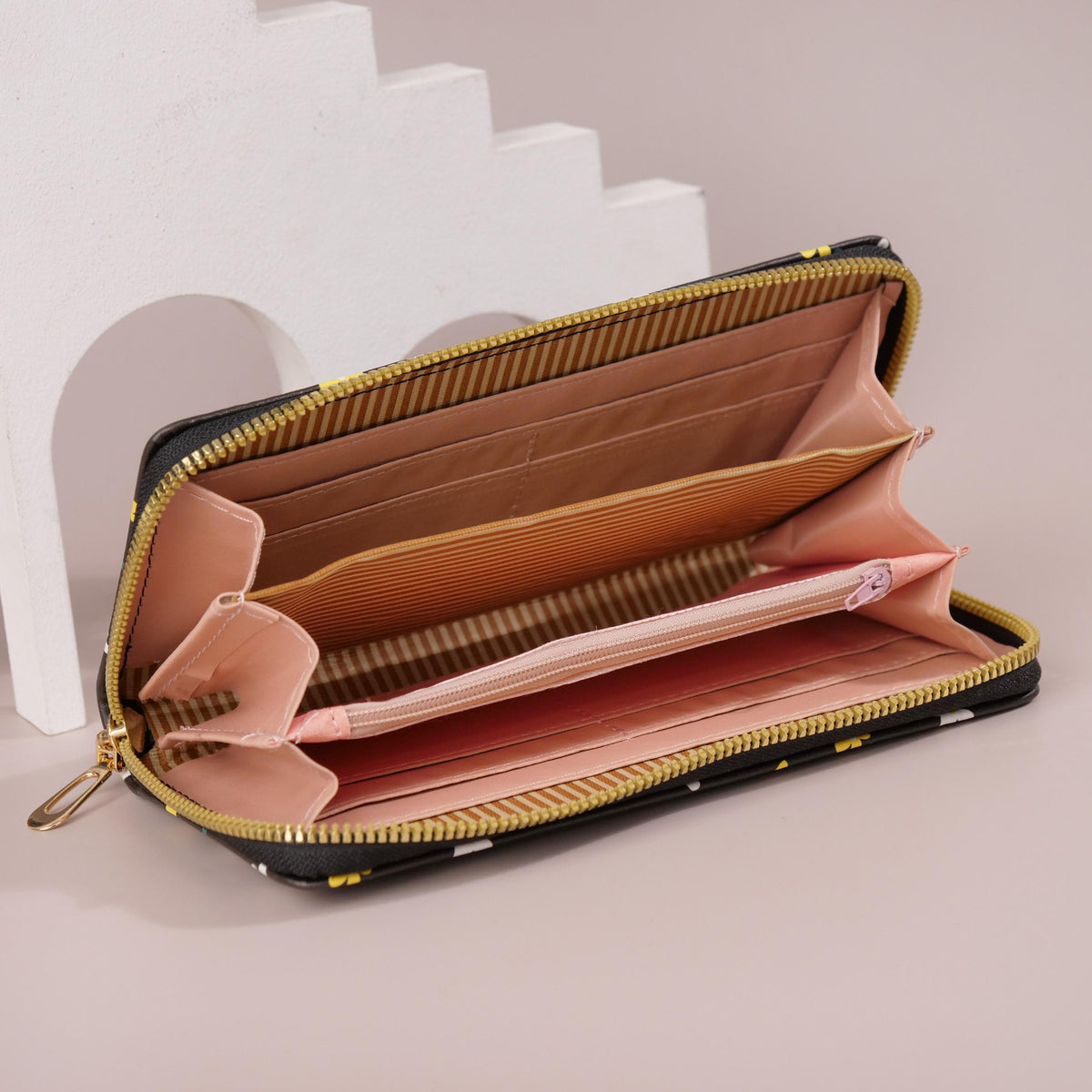 Portefeuille femme long imprimé papillon, zip et dragonne