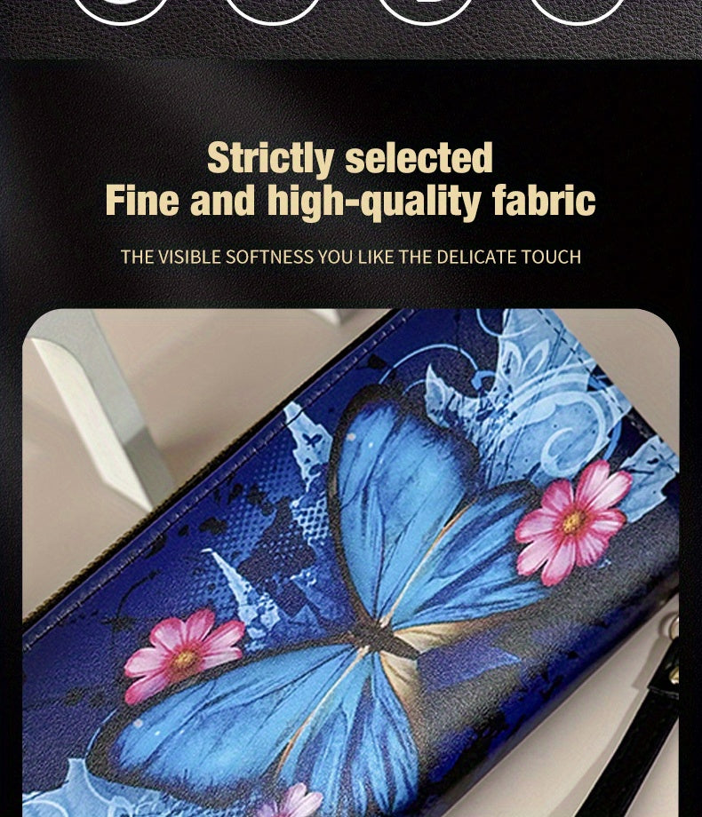 Portefeuille femme long imprimé papillon, zip et dragonne