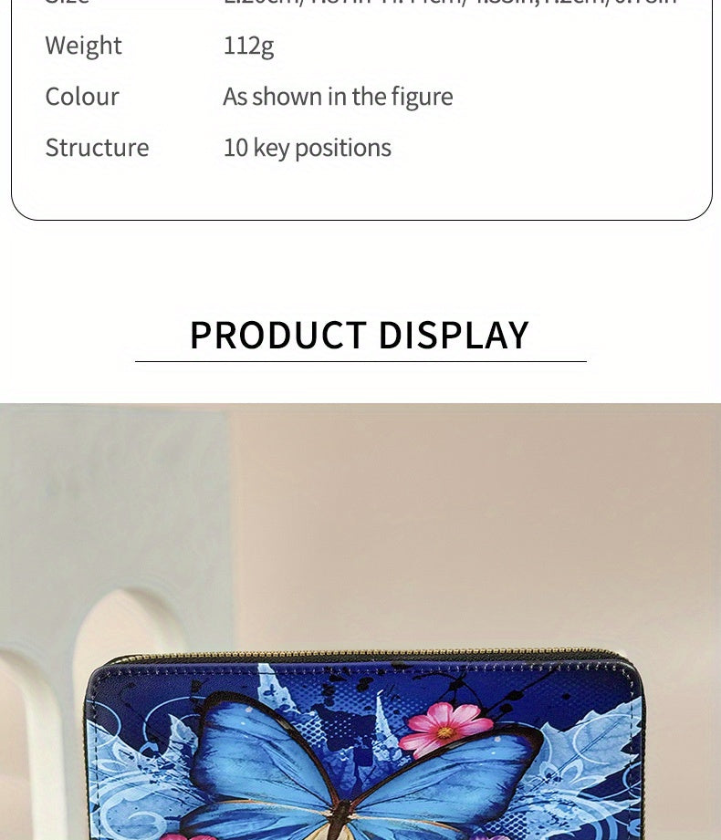 Portefeuille femme long imprimé papillon, zip et dragonne