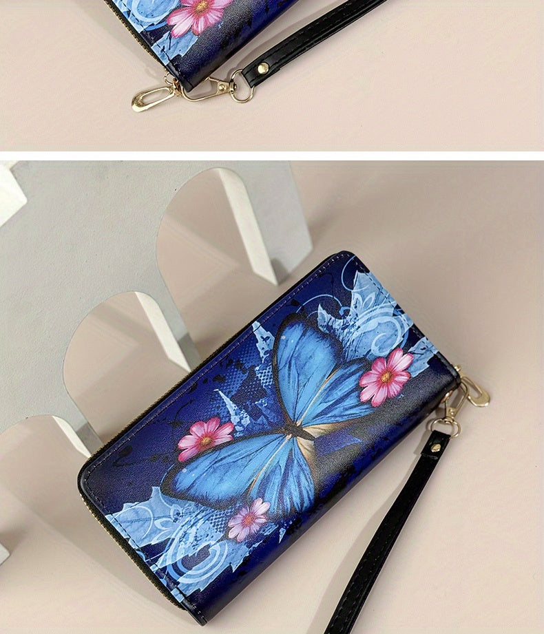 Portefeuille femme long imprimé papillon, zip et dragonne