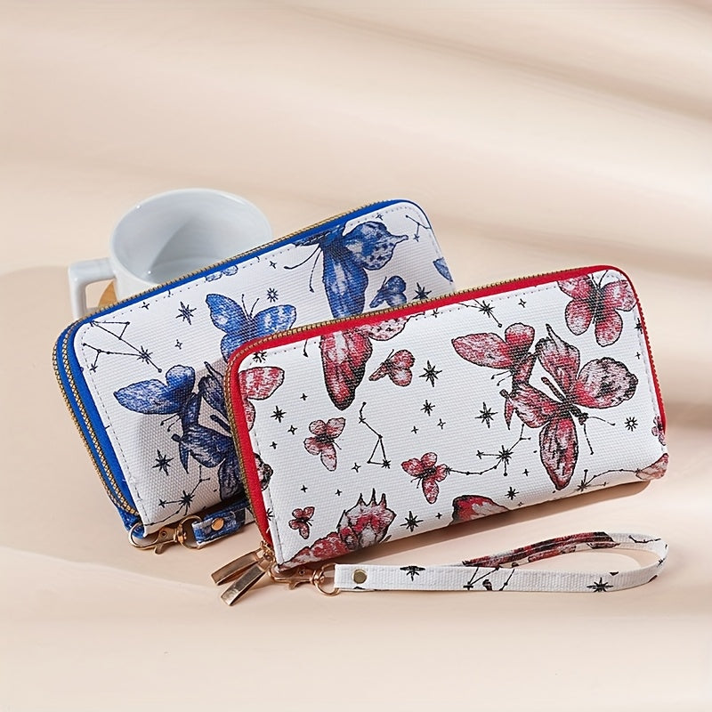 Portefeuille femme long imprimé papillons, double zip doré