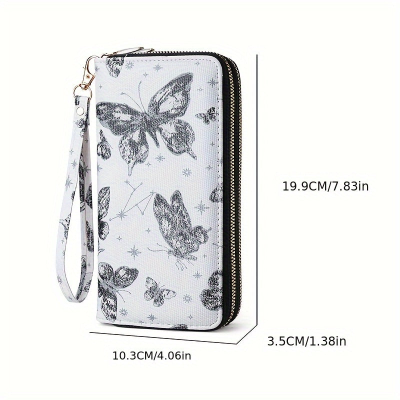 Portefeuille femme long imprimé papillons, double zip doré