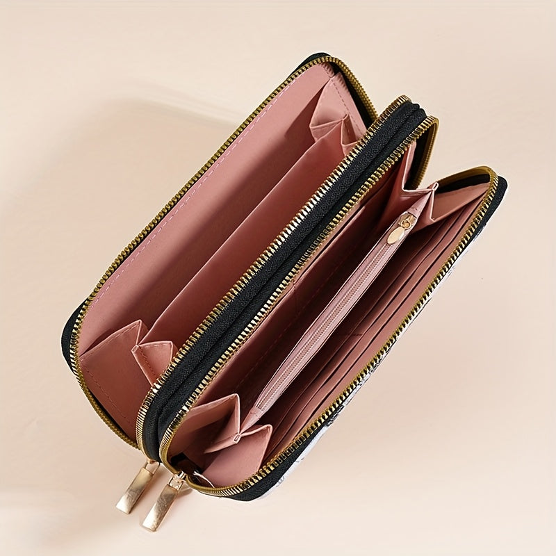 Portefeuille femme long imprimé papillons, double zip doré