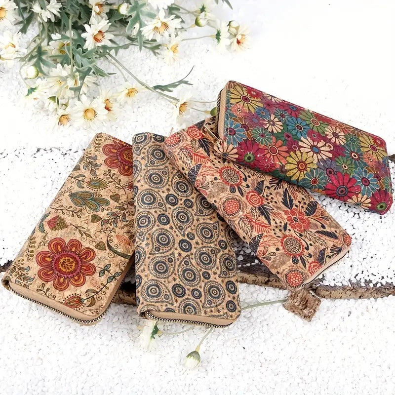 Portefeuille femme long en liège imprimé, poche téléphone