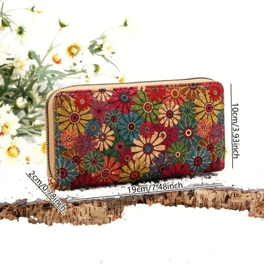 Portefeuille femme long en liège imprimé, poche téléphone