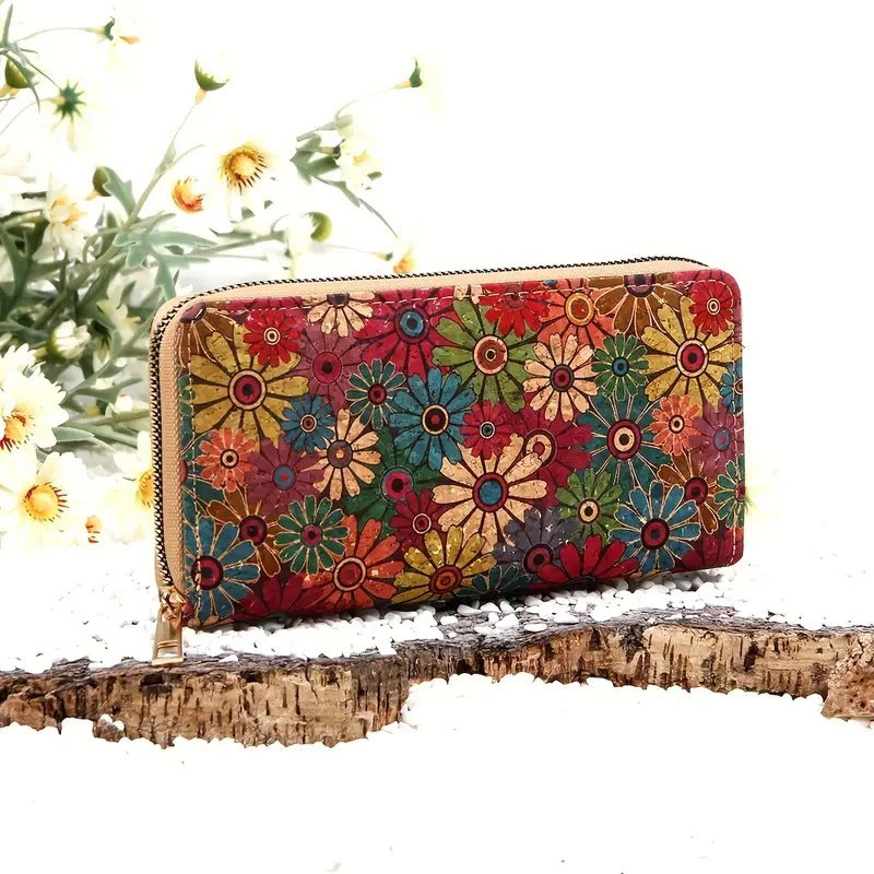 Portefeuille femme long en liège imprimé, poche téléphone