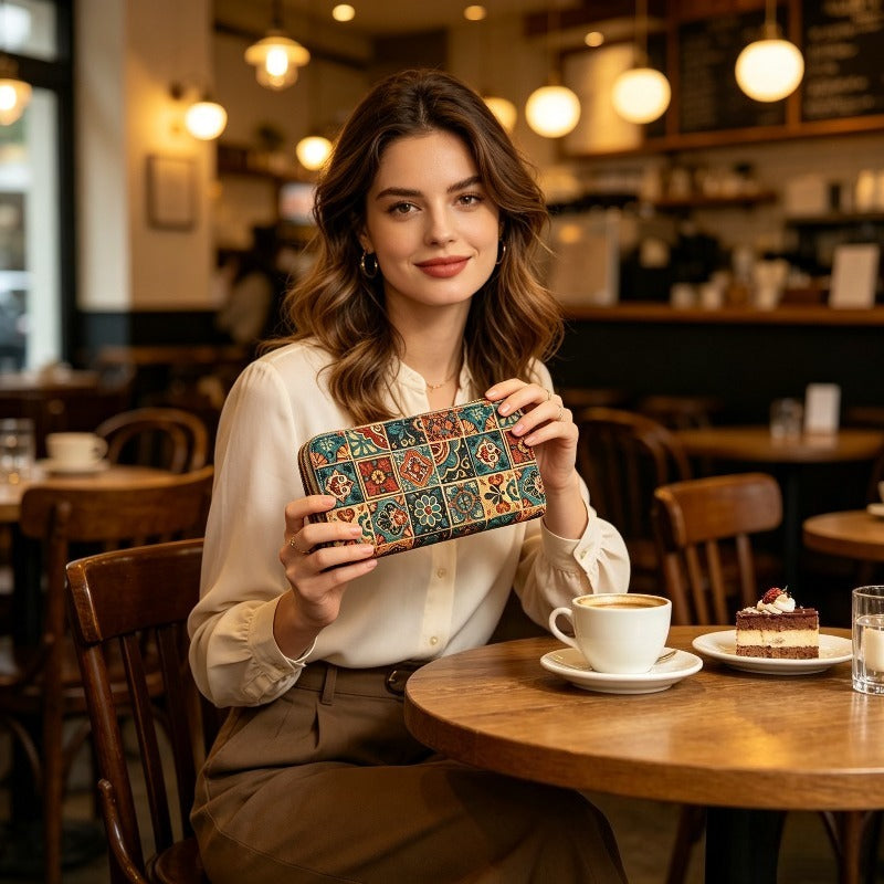 Portefeuille femme long en liège imprimé, billets à plat