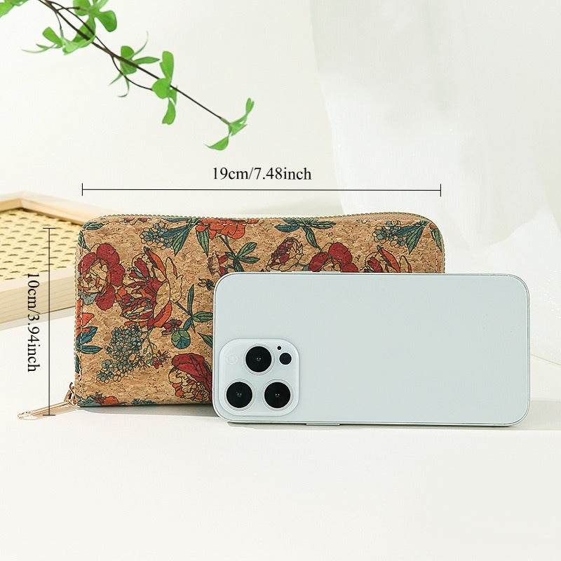 Portefeuille femme long en liège imprimé, billets à plat