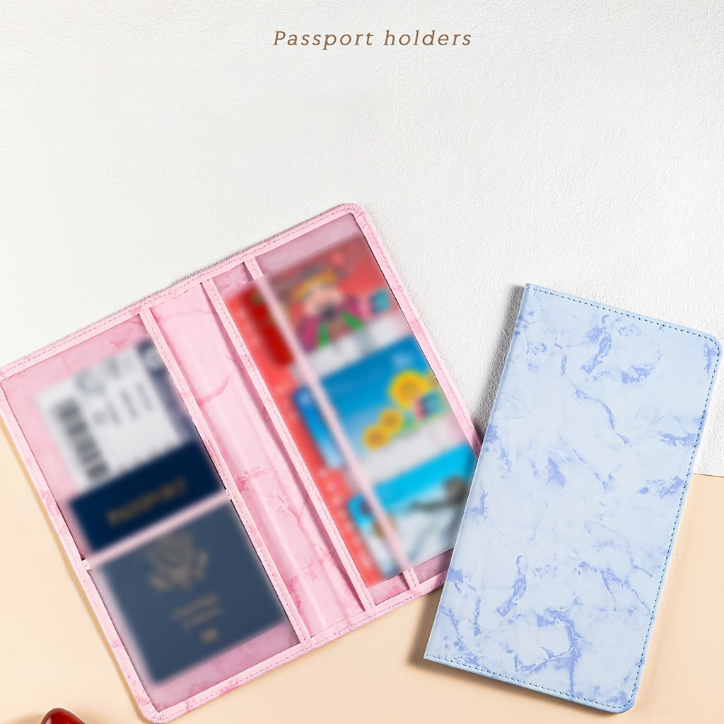 Portefeuille femme long imprimé marbre, chèques et passeport