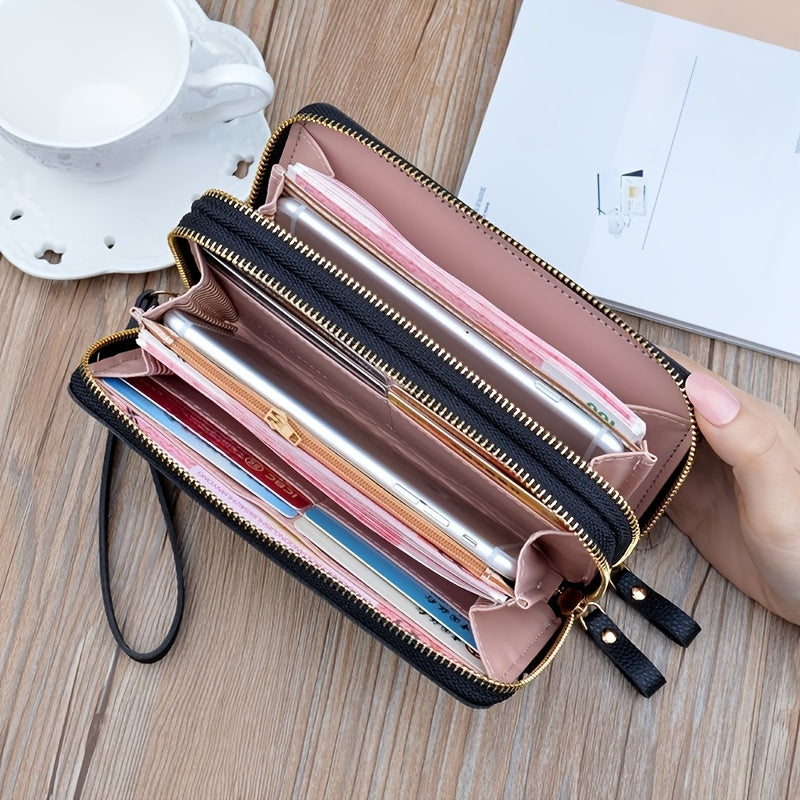 Portefeuille femme long matelassé noir à poche téléphone