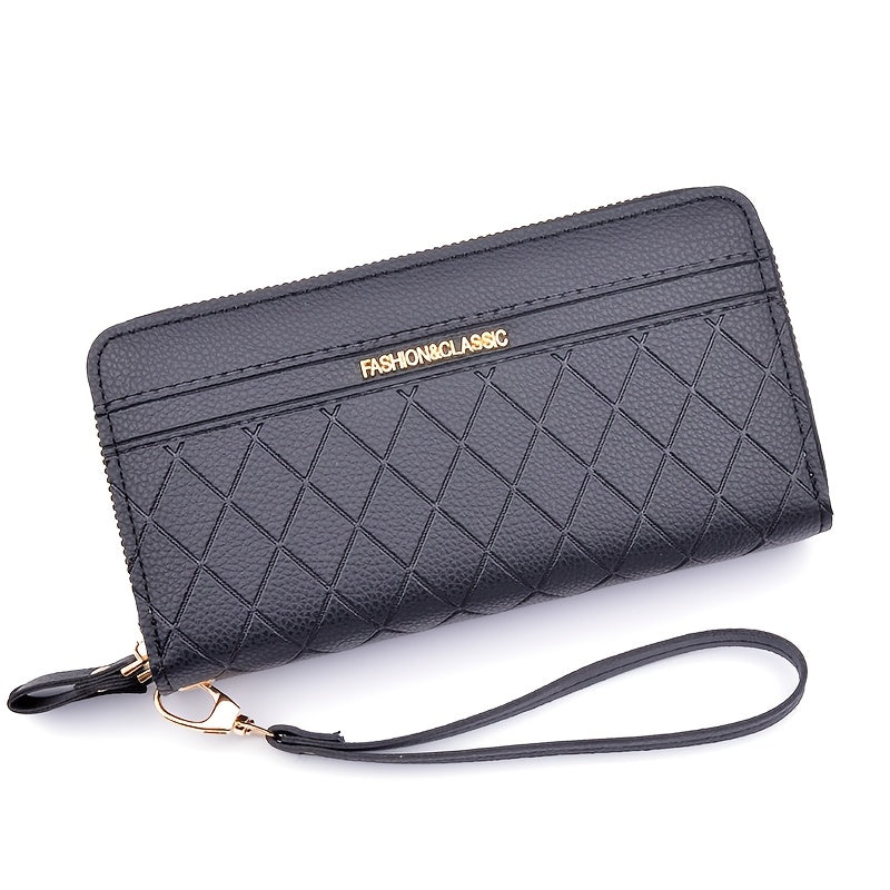 Portefeuille femme long matelassé noir à poche téléphone