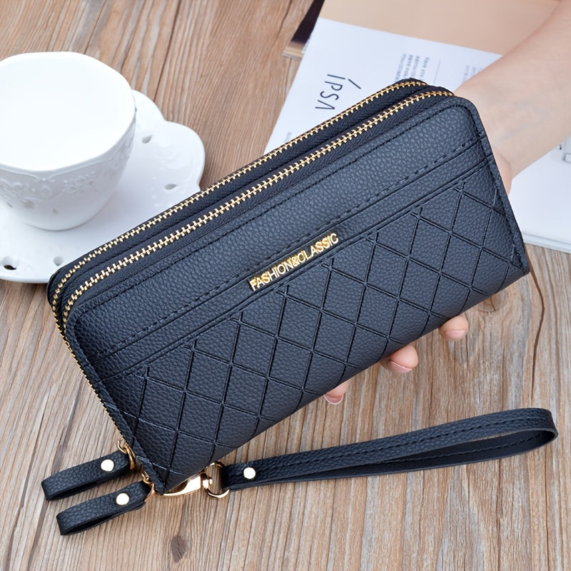 Portefeuille femme long matelassé noir à poche téléphone