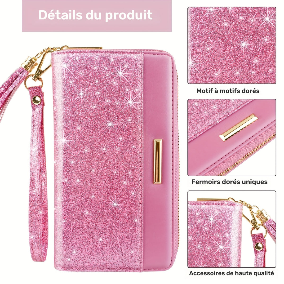 Portefeuille femme long pailleté zippé à dragonne pompon