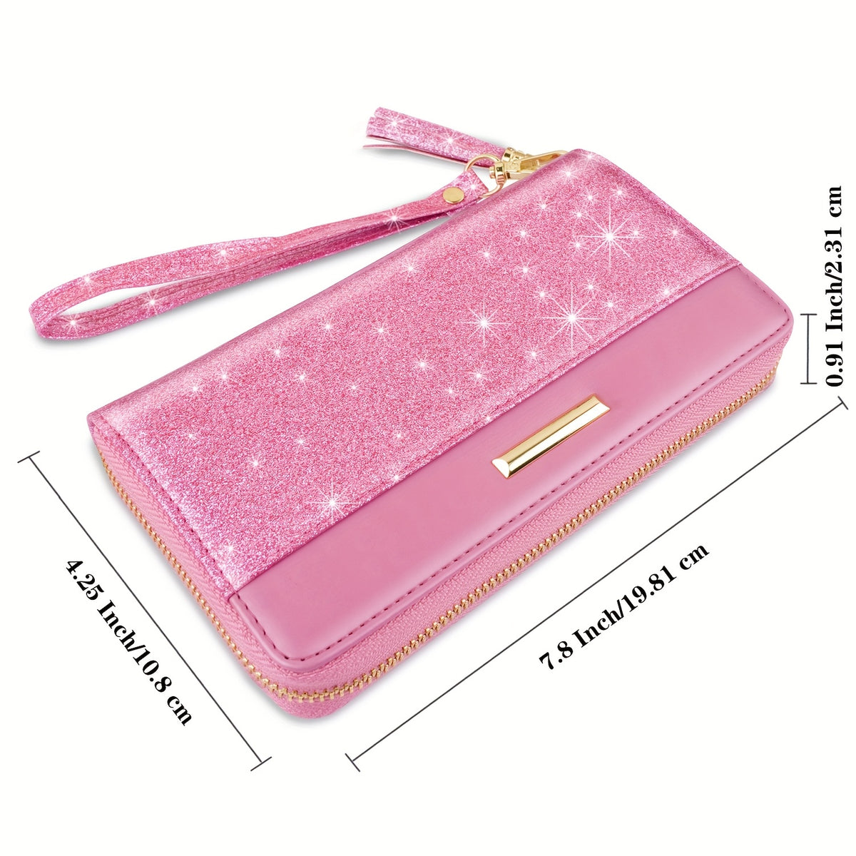 Portefeuille femme long pailleté zippé à dragonne pompon