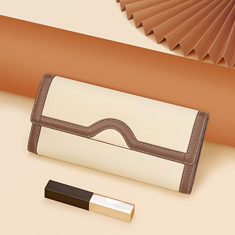 Portefeuille femme long en toile écrue, dix fentes à cartes