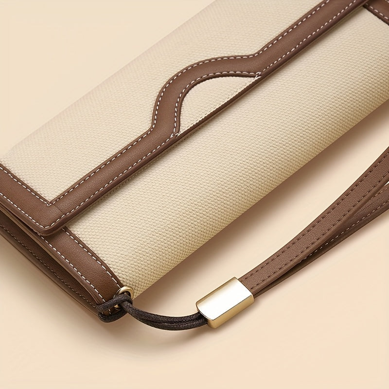 Portefeuille femme long en toile écrue, dix fentes à cartes
