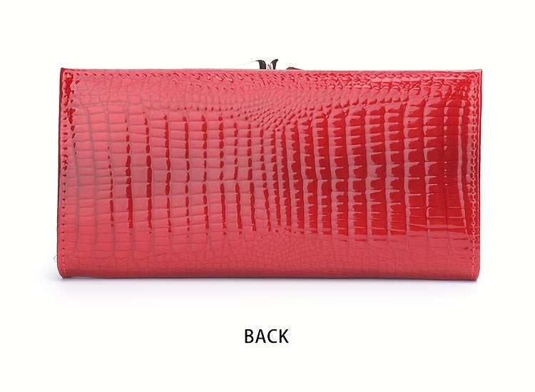 Portefeuille femme long en cuir verni croco, fermoir clic