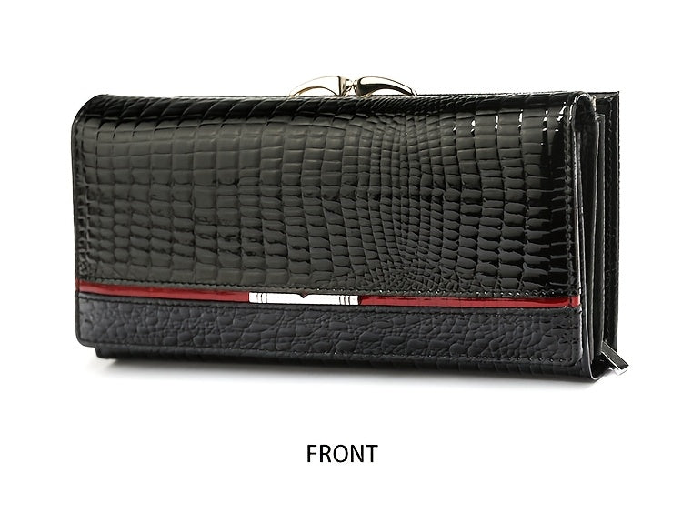Portefeuille femme long en cuir verni croco, fermoir clic