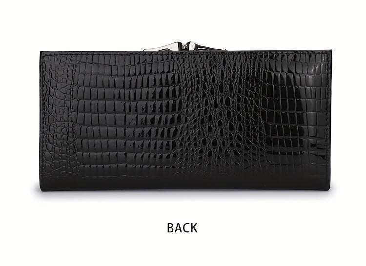 Portefeuille femme long en cuir verni croco, fermoir clic