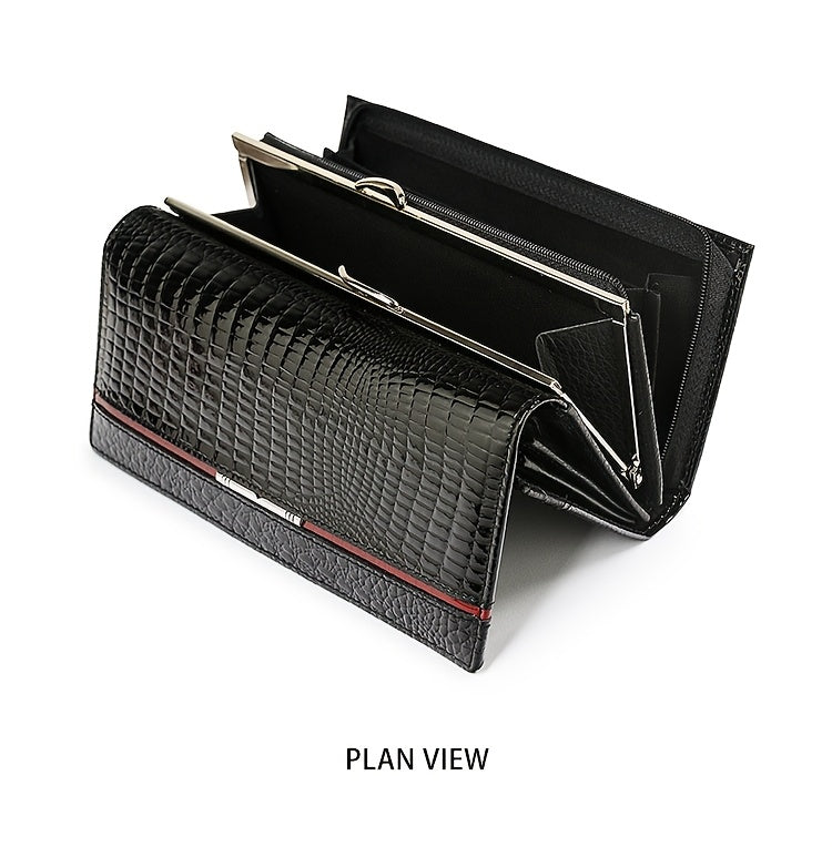 Portefeuille femme long en cuir verni croco, fermoir clic