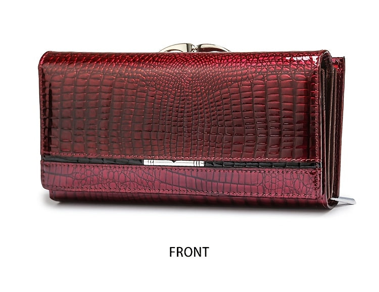 Portefeuille femme long en cuir verni croco, fermoir clic