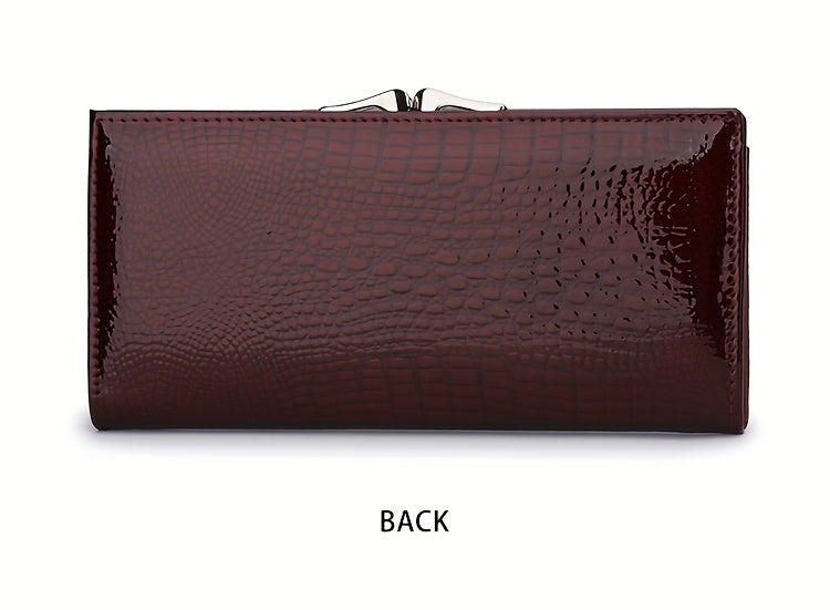 Portefeuille femme long en cuir verni croco, fermoir clic