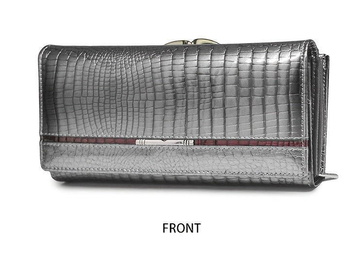 Portefeuille femme long en cuir verni croco, fermoir clic