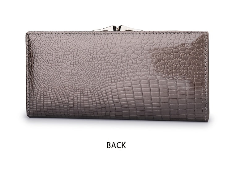Portefeuille femme long en cuir verni croco, fermoir clic