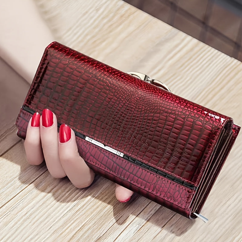 Portefeuille femme long en cuir verni croco, fermoir clic