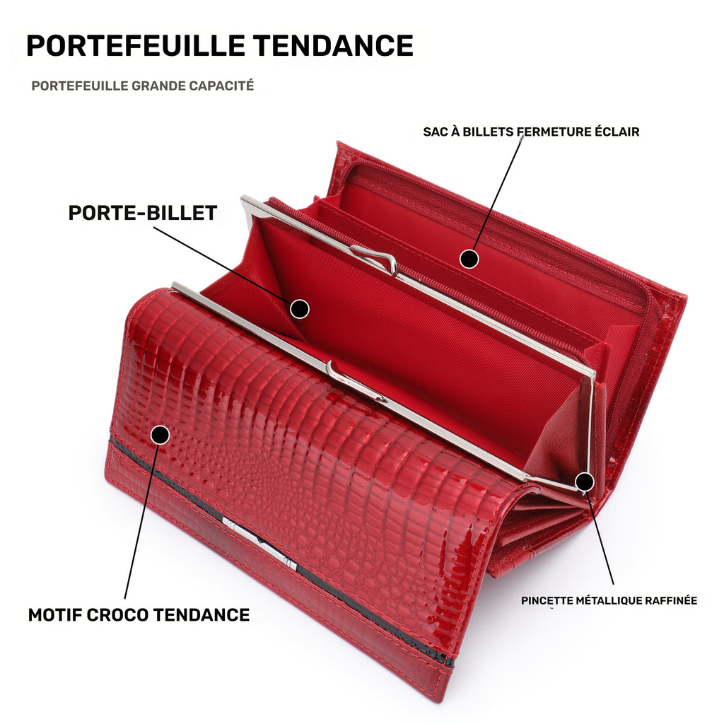 Portefeuille femme long en cuir verni croco, fermoir clic