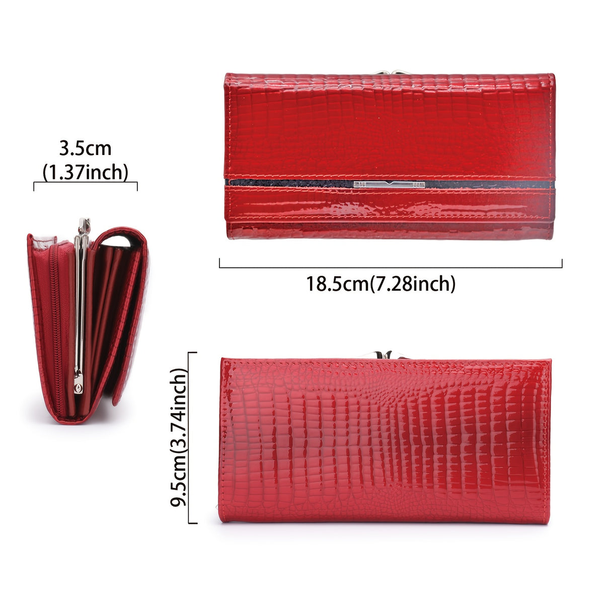 Portefeuille femme long en cuir verni croco, fermoir clic