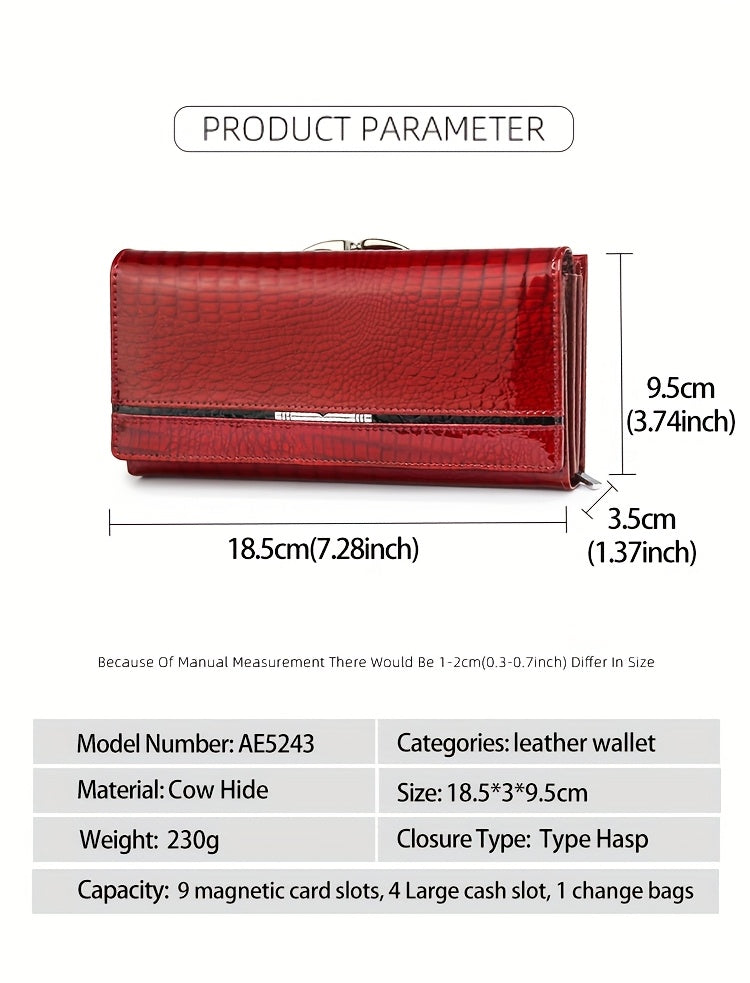 Portefeuille femme long en cuir verni croco, fermoir clic