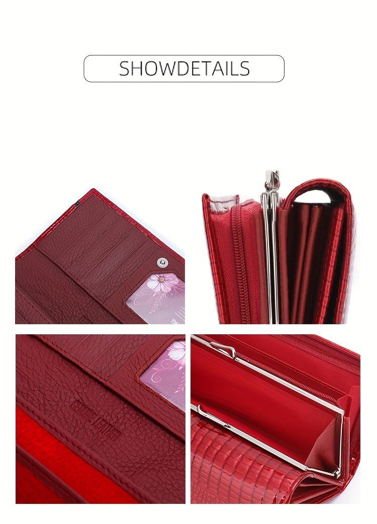 Portefeuille femme long en cuir verni croco, fermoir clic