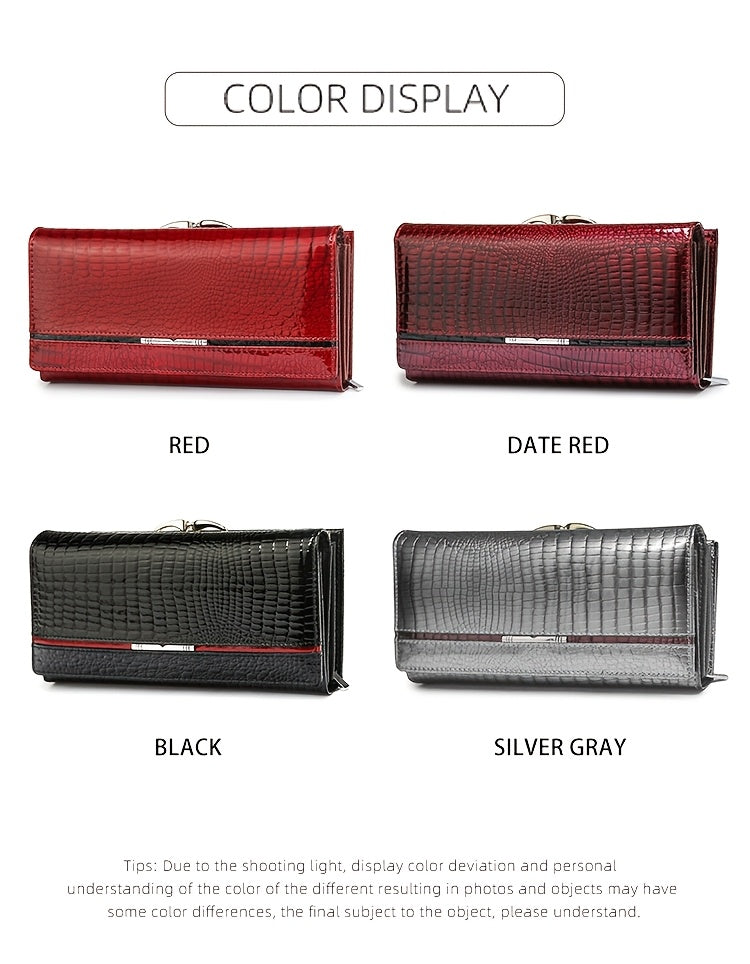 Portefeuille femme long en cuir verni croco, fermoir clic