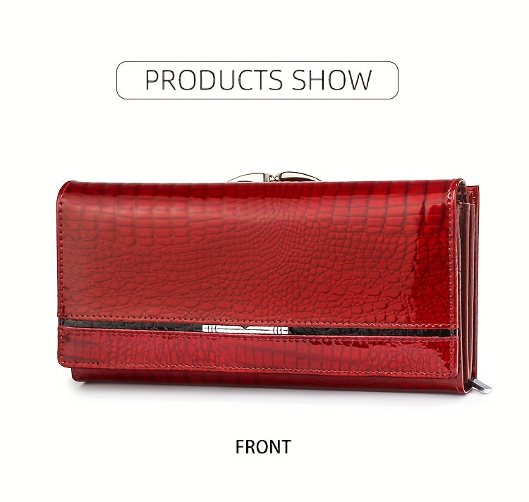 Portefeuille femme long en cuir verni croco, fermoir clic