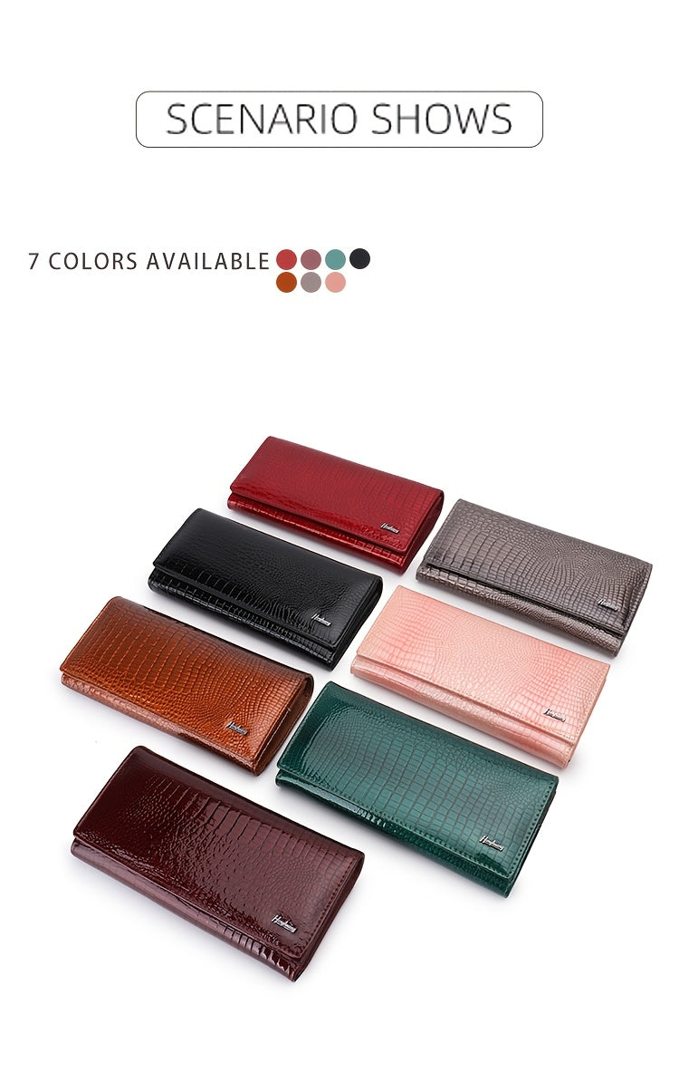 Portefeuille femme long croco verni, disponible en 7 coloris